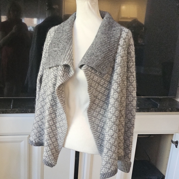 LOFT Geo Jacquard Grey White Wool Mohair Blend Open Cardigan L - Picture 12 of 13